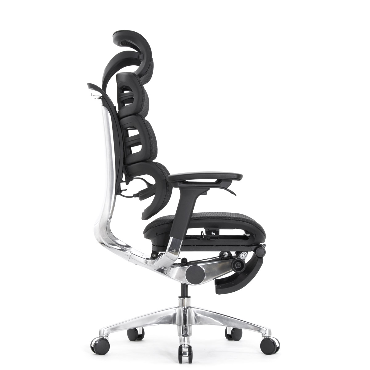 Эргономичное кресло Falto Evolution с подножкой (тихие вставки, управление на подлокотниках, сетка, чёрный)
