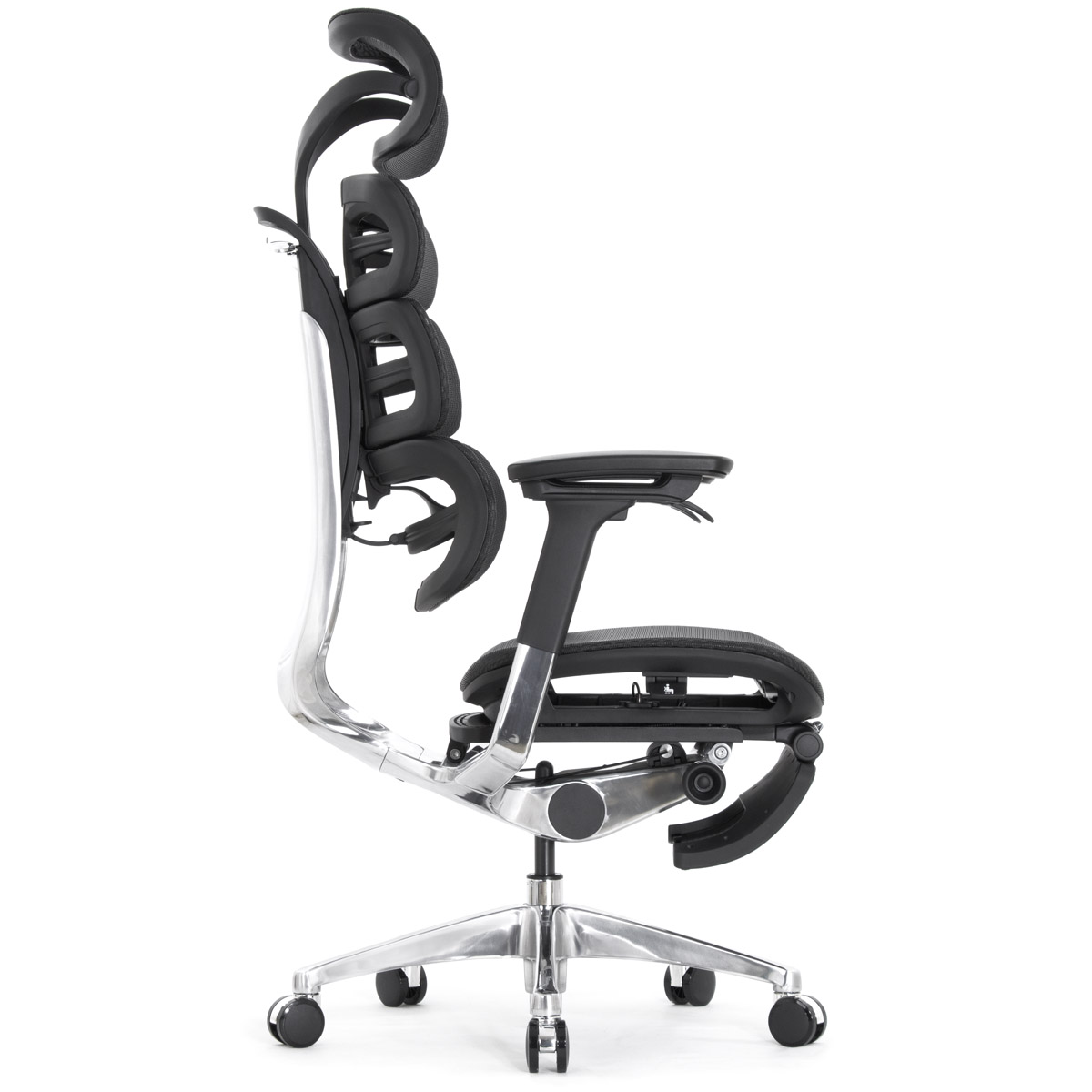 Эргономичное кресло Falto Evolution с подножкой (тихие вставки, управление на подлокотниках, сетка, чёрный)