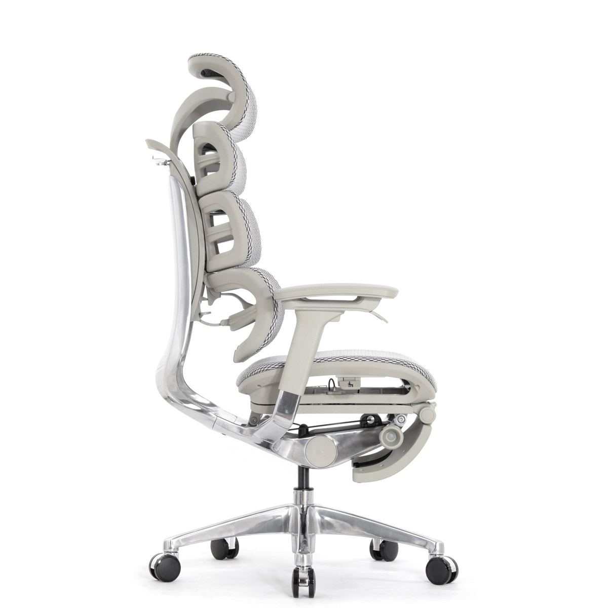 Эргономичное кресло Falto Evolution с подножкой (тихие вставки, управление на подлокотниках, сетка, серый)