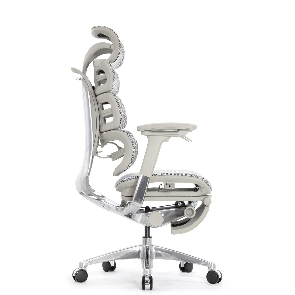 Эргономичное кресло Falto Evolution с подножкой (тихие вставки, управление на подлокотниках, сетка, серый)