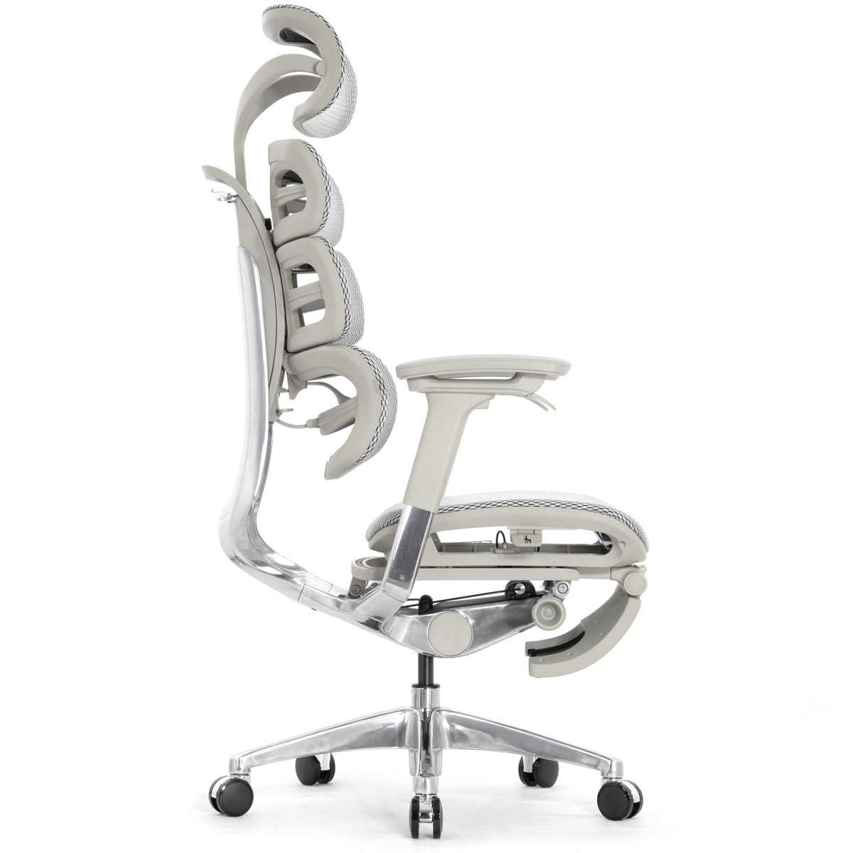 Эргономичное кресло Falto Evolution с подножкой (тихие вставки, управление на подлокотниках, сетка, серый)