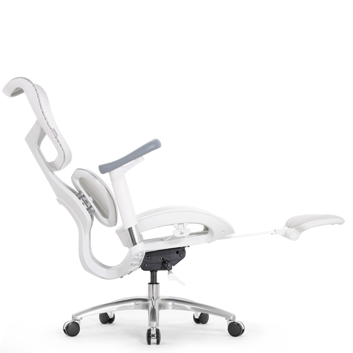 Эргономичное кресло Falto Scala Office с подножкой (разделённый поясничный упор, сетка, каркас белый, серый)